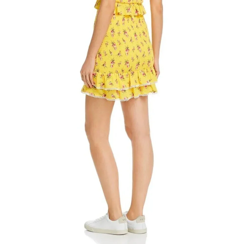 NWT Lost + Wander Womens Printed Smocked Ruffle Mini Skirt Floral Yellow Size M